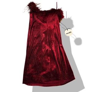 Chic Red Velvet Dress with Feather Detail